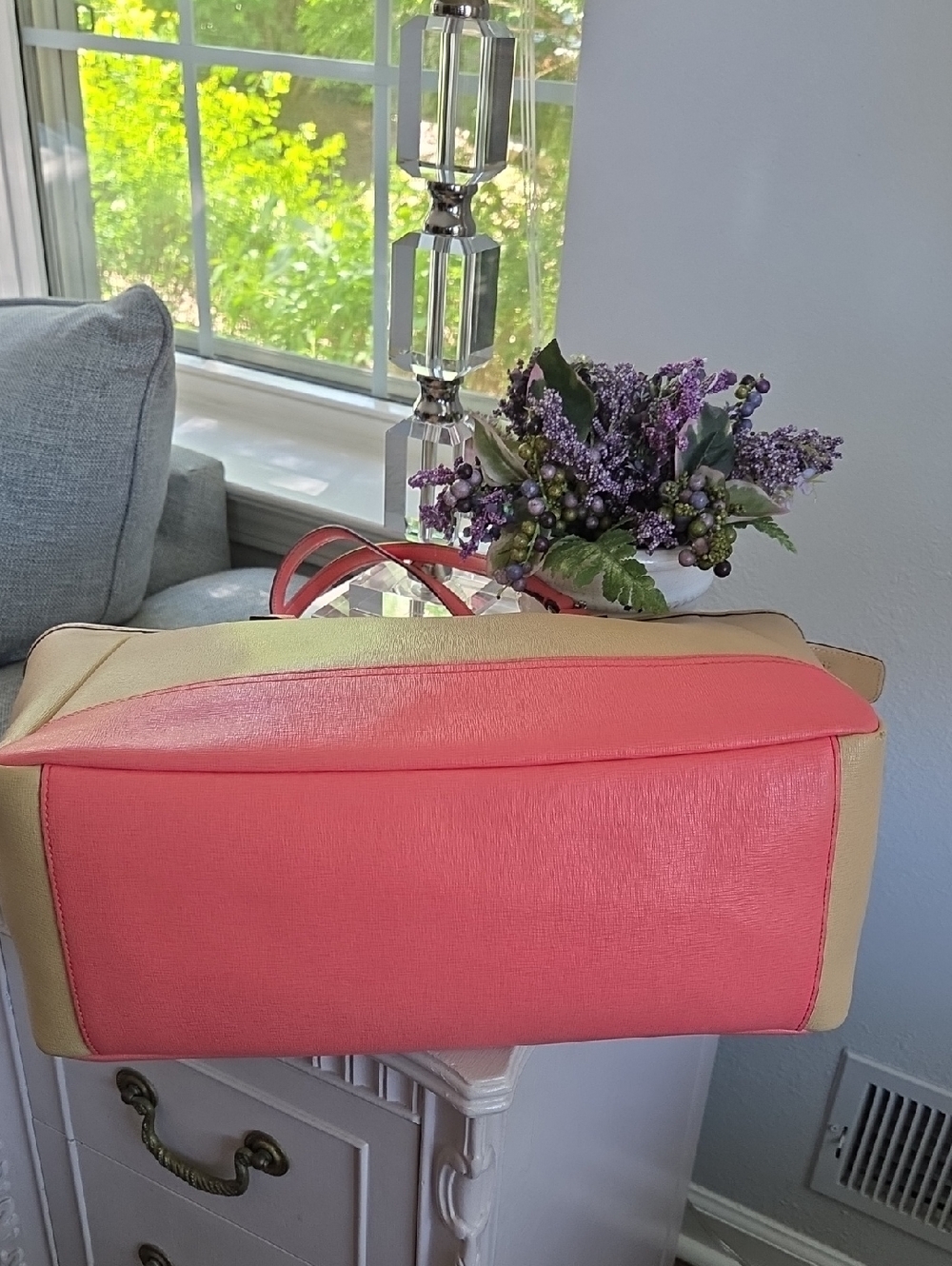 COACH Tan & Coral Pink Saffiano Leather Tote - Picture 10 of 16